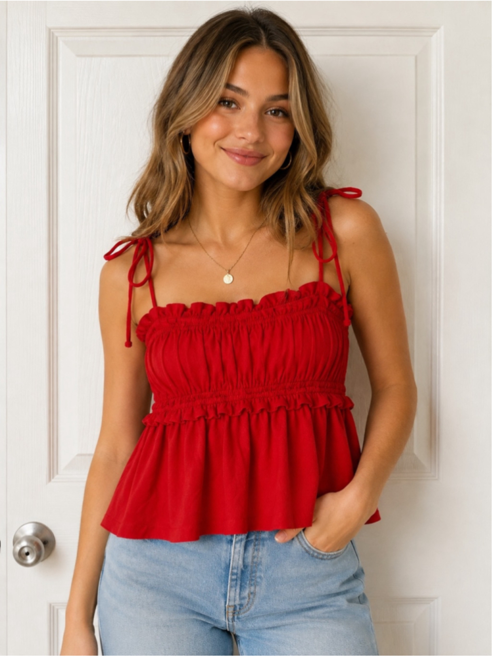 Altar’d‎ State Red Smocked Ruffle Peplum Tie Strap Tank Top Women’s Size S - Picture 3 of 10